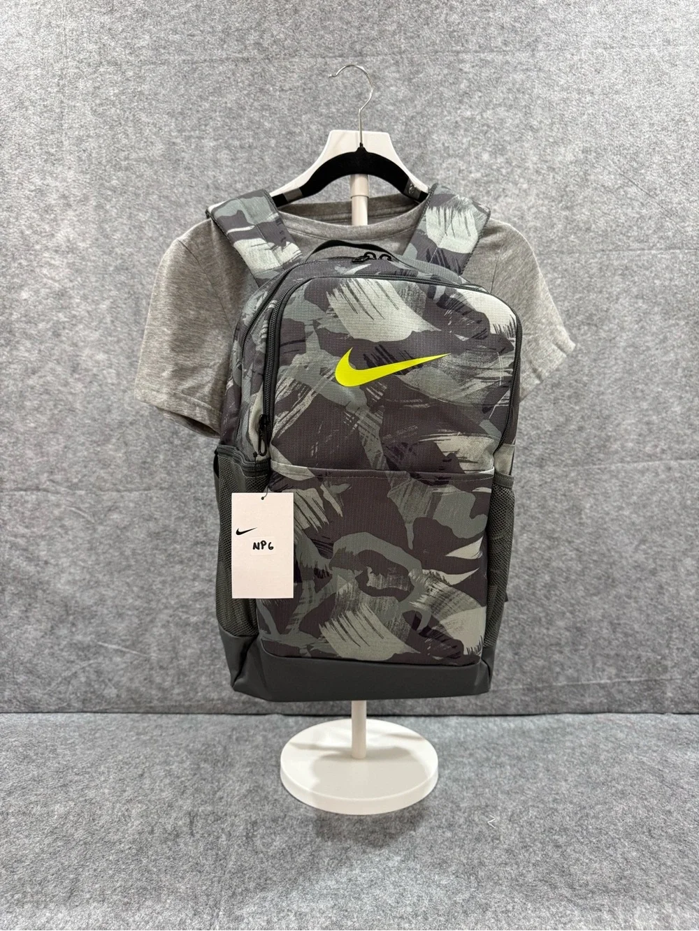 Nike Brasilia Grey Camo Backpack Yellow Swoosh 24L